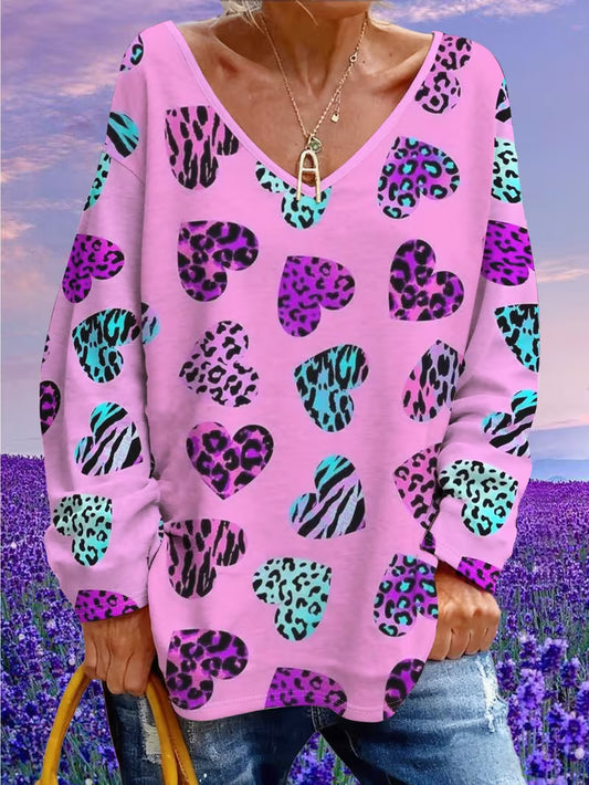 Leopard Print Heart Print Loose V-Neck Top