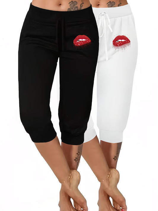 lips  Mid-Length Printed Pants 2pcs Set