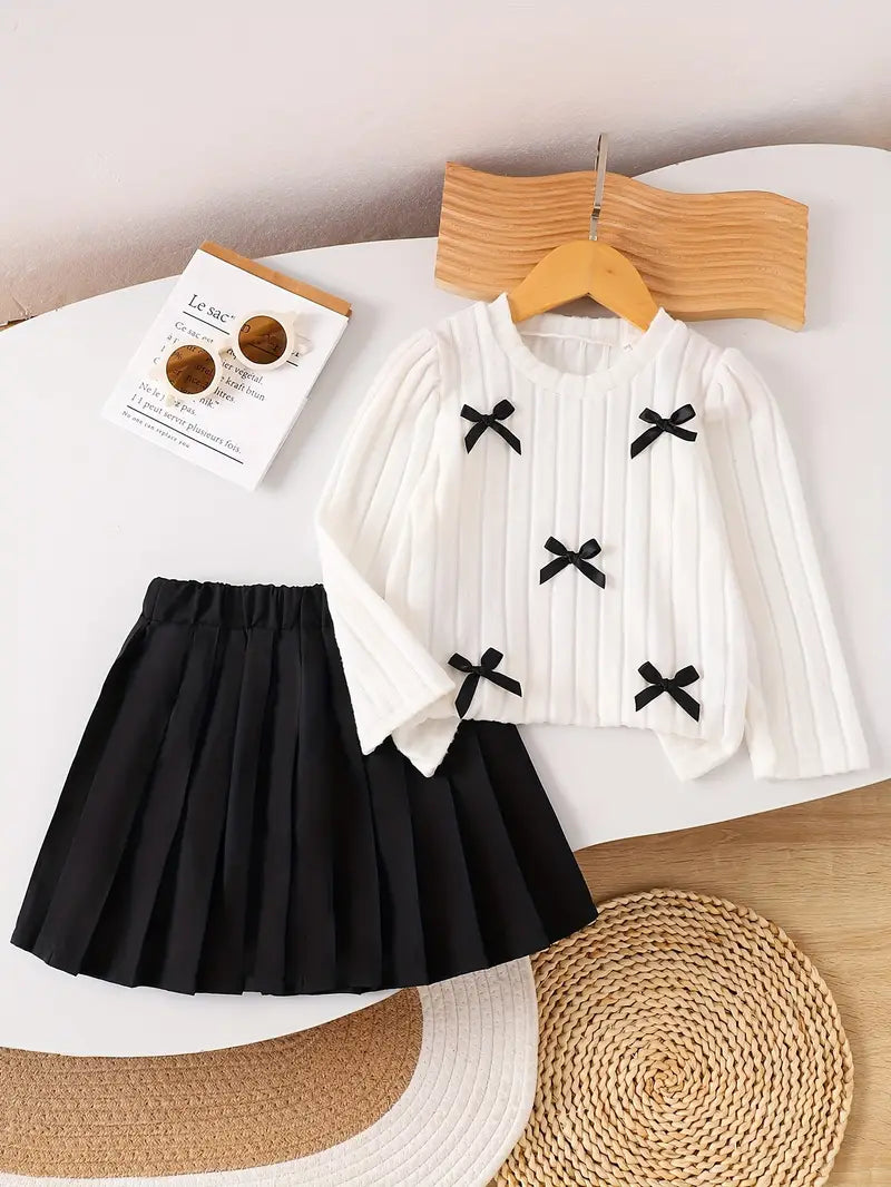 Girls' Autumn and Winter Versatile Butterfly Top + Versatile Pleated Skirt Set,