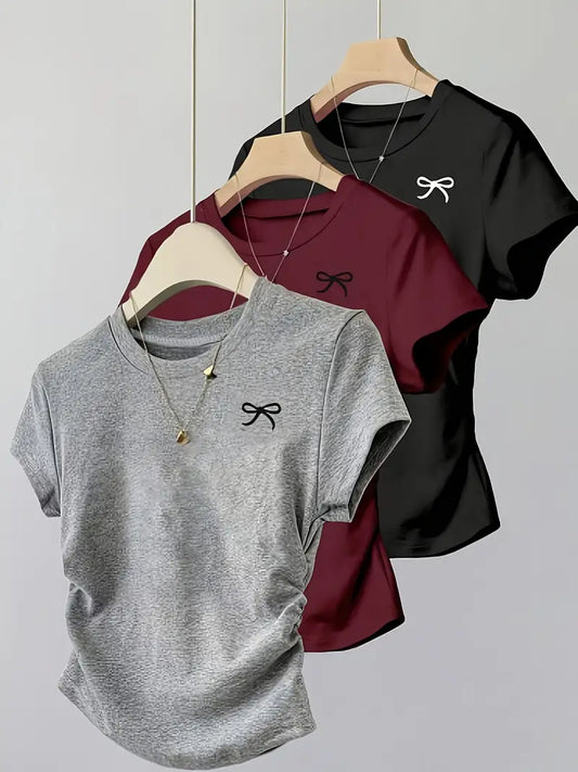 3pcs s' Pleated Round Neck Short Sleeve Bow Print Casual Versatile T-Shirt Top
