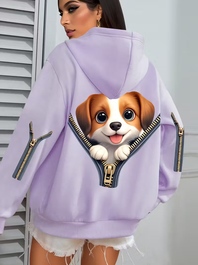 Plus Size Women's Cute Puppy Print Hoodie
