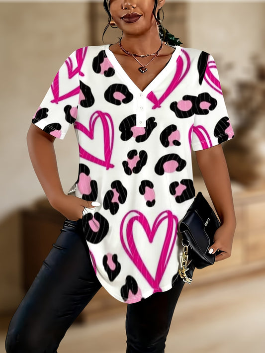 Plus Size Women'S V-neck T-shirt with Three Buttons