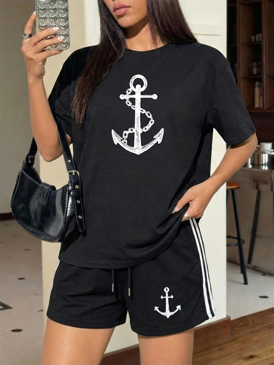 Women's Nautical Two-Piece Set | Anchor Print T-Shirt & Shorts