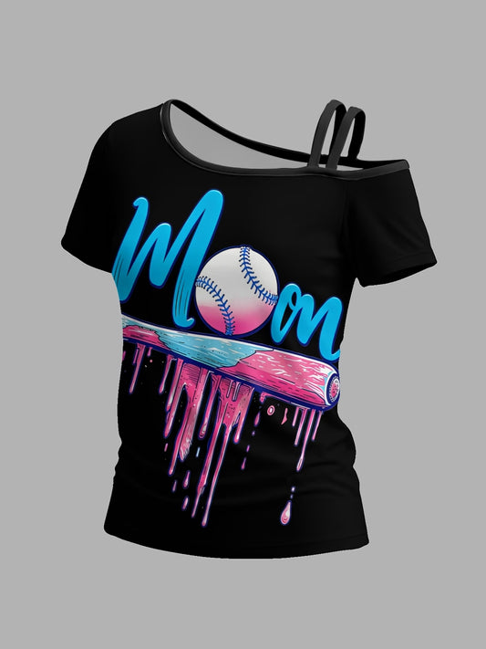 Stylish One-Shoulder Short-Sleeve T-Shirt for Baseball Moms Featuring a Distinctive Asymmetrical Design And Fashionable Prints.