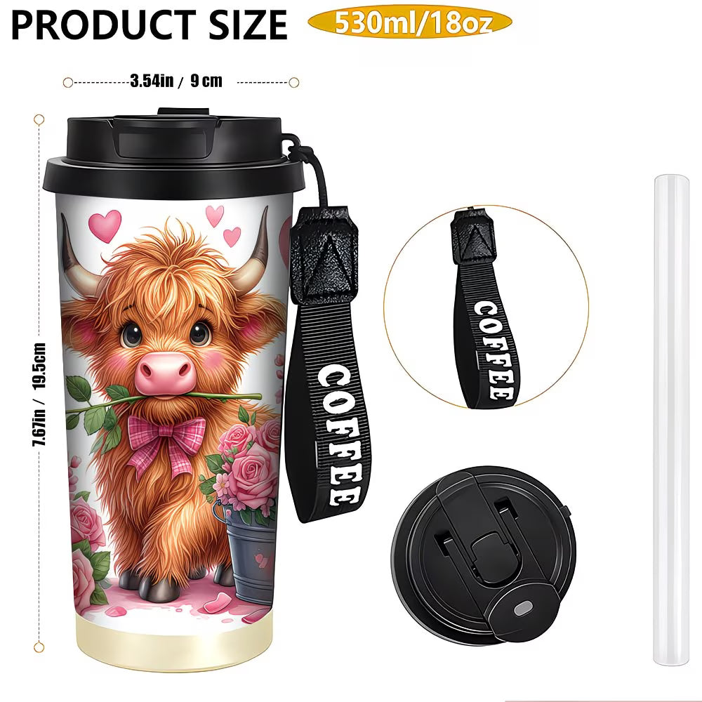 1pc 18oz 316 Stainless Steel Vacuum Coffee Mug with Cute Scottish Cow & Pink Hearts Design