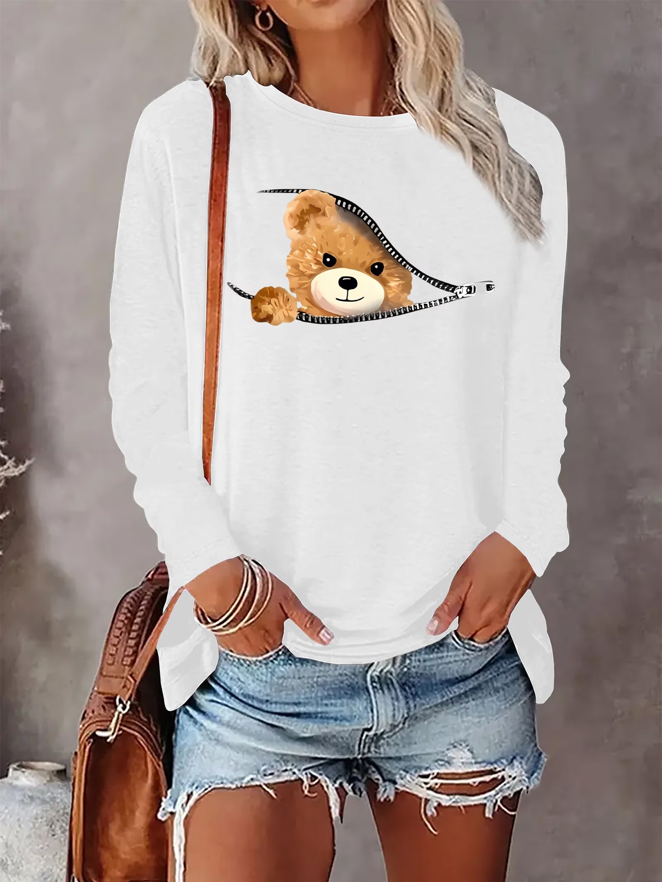 Women'S Teddy Bear Graphic Print Long Sleeve T-Shirt