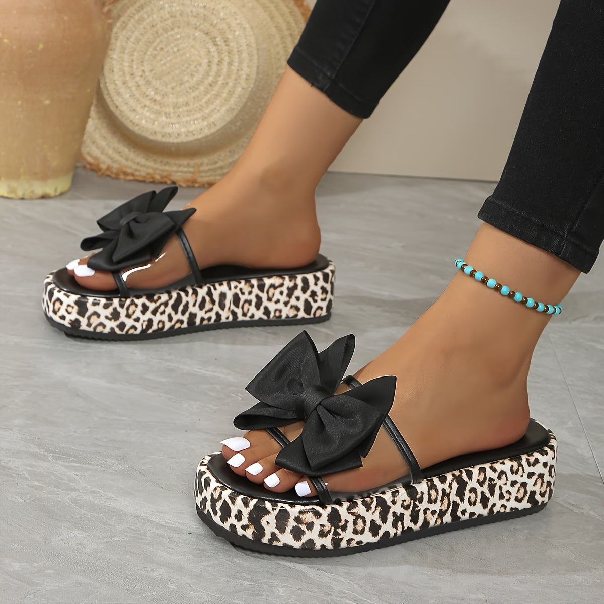 Thick Sole, Casual, Versatile, Comfortable, Bowknot Leopard Print sandals