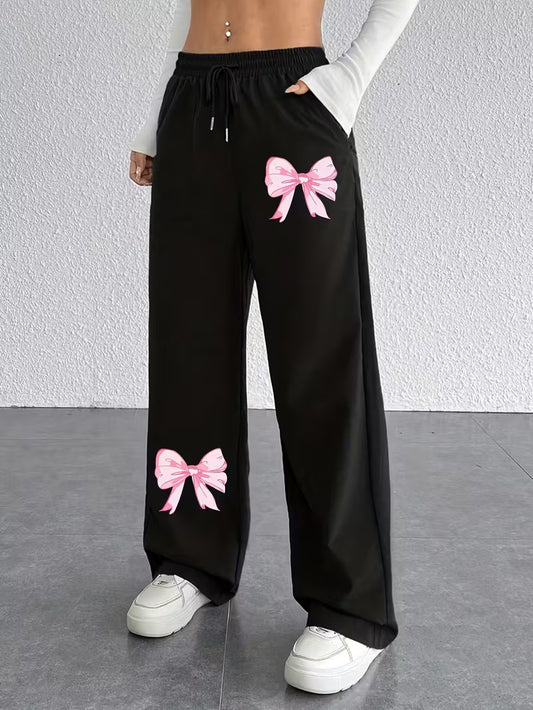 Women's Black Wide-Leg Pants with Pink Bow Print