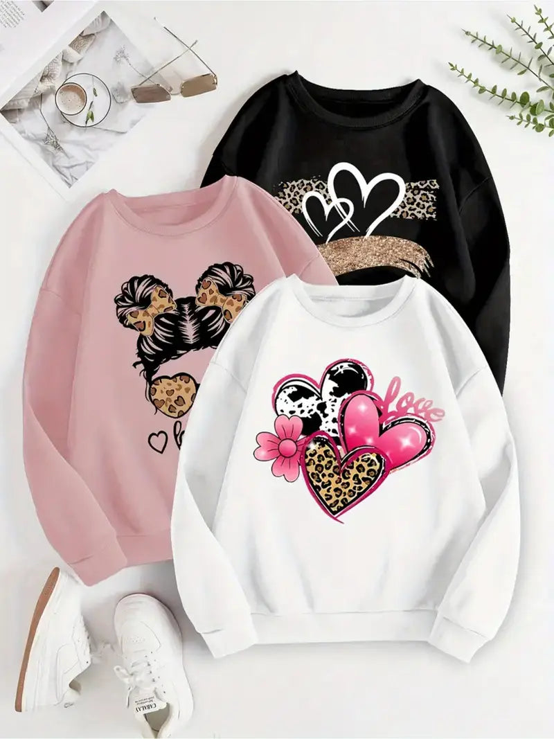3pcs Heart Print Pullover Sweatshirt,