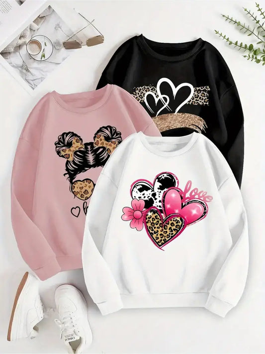 3pcs Heart Print Pullover Sweatshirt,