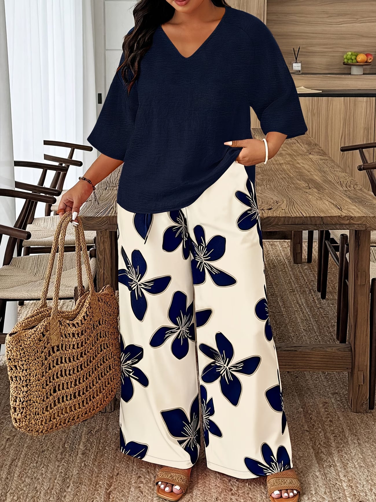 Textured Fabric ¾ Sleeve Top & Printed Trim Long Pants Co-ord | Curve