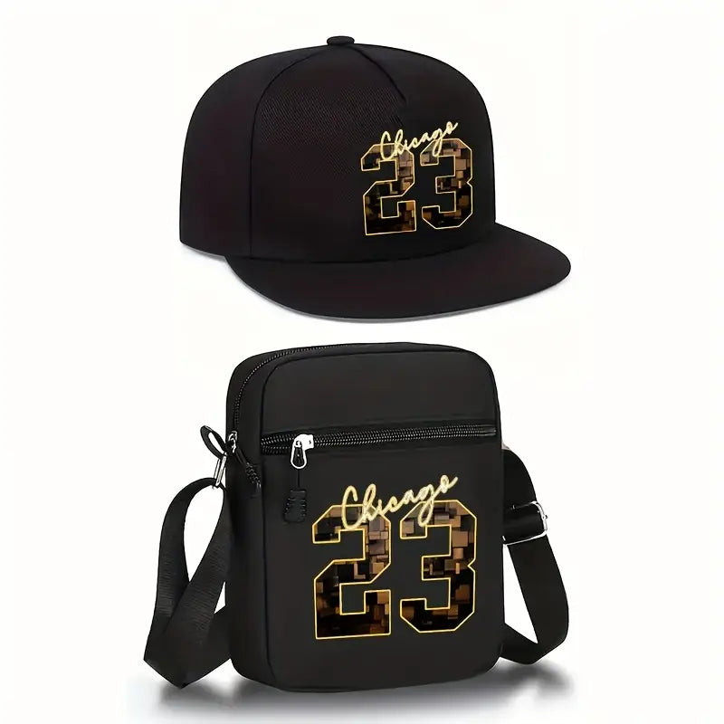 2pcs Chicago 23 Golden Print Baseball Cap & Crossbody Bag Set