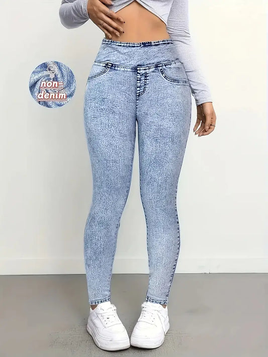 Women's High-Waisted Washed Jeans-Like Leggings