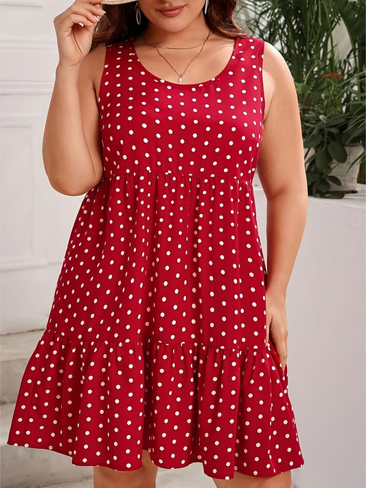 Plus Size Women's Sleeveless Polka Dot Ruffle Hem Dress