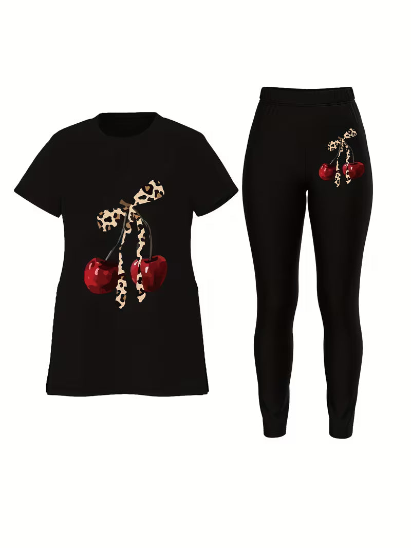 Women'S Casual Printed Short Sleeve Top and Tight Pants Set