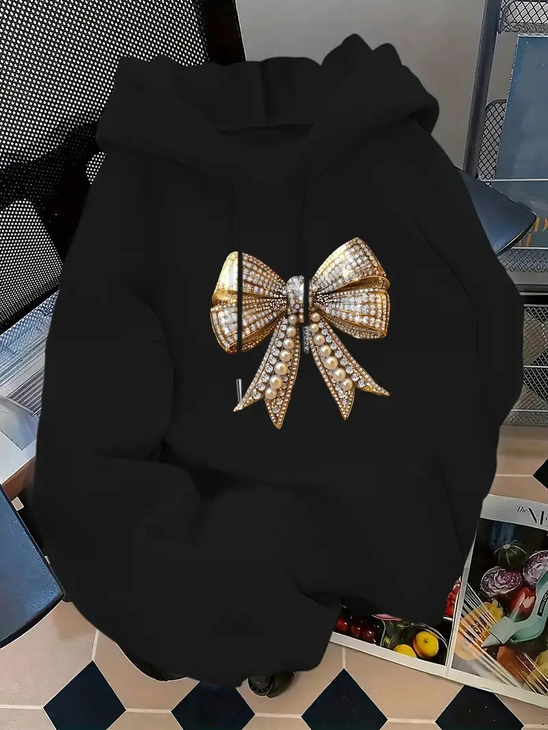 Hoodie with Golden Pearl & Bow Print,