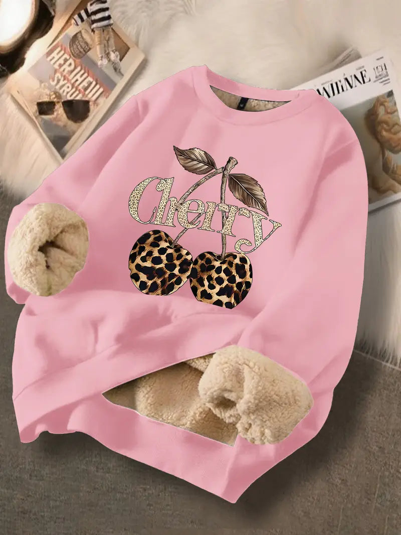 Women's Fleece Sweatshirt with Cherry & Leopard Print
