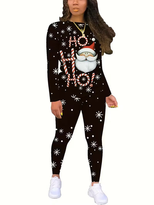 Santa Claus Print Casual Two-Piece Set
