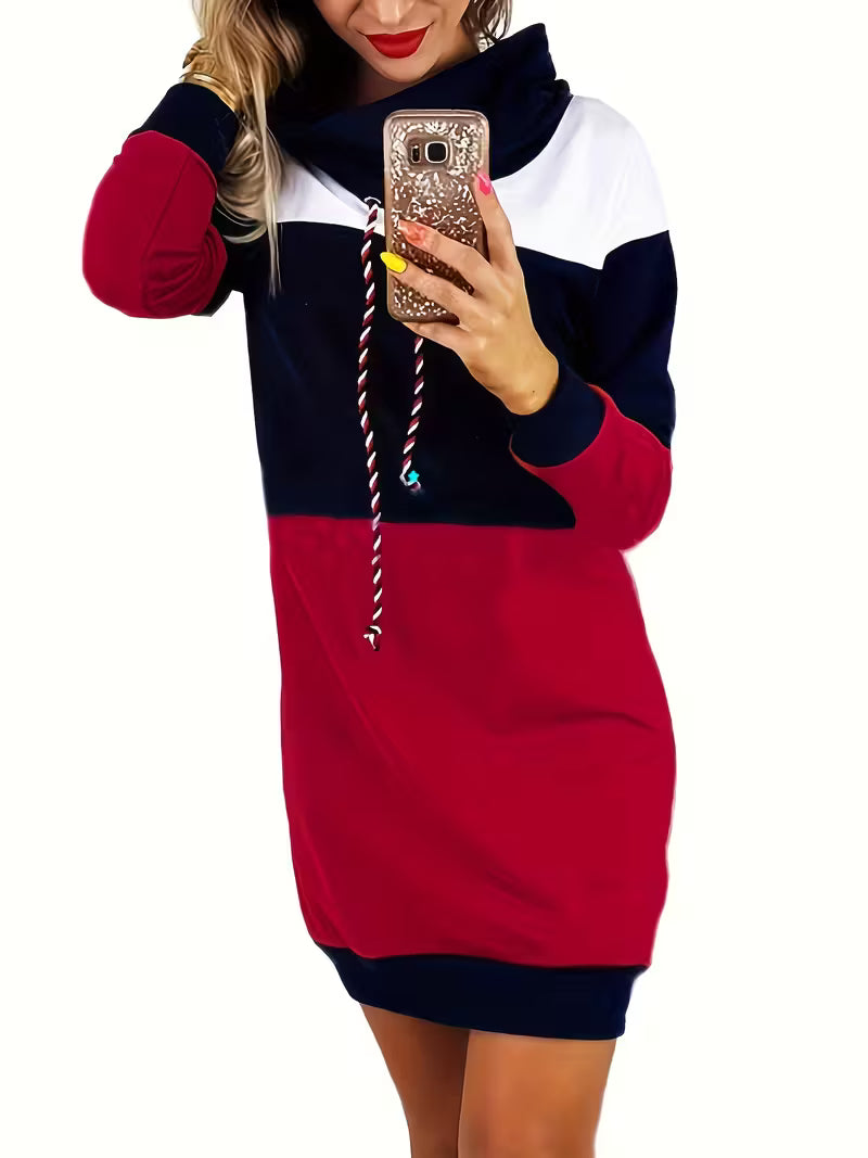 High-Neck Color Block Long Sleeve Dress