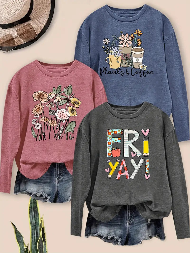 3pcs Women'S Vintage Floral & Heart Print Long Sleeve T-Shirts