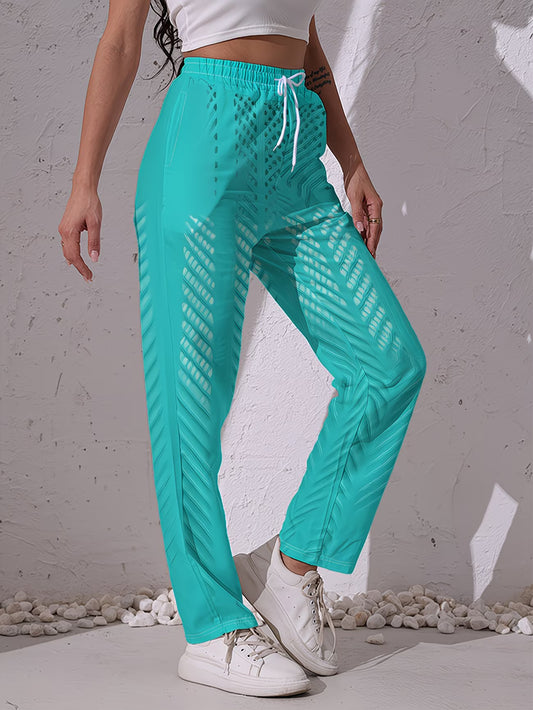 Women's Leaf Vein Stripe & Geometric Print Trousers | Interwoven Botanical Detail