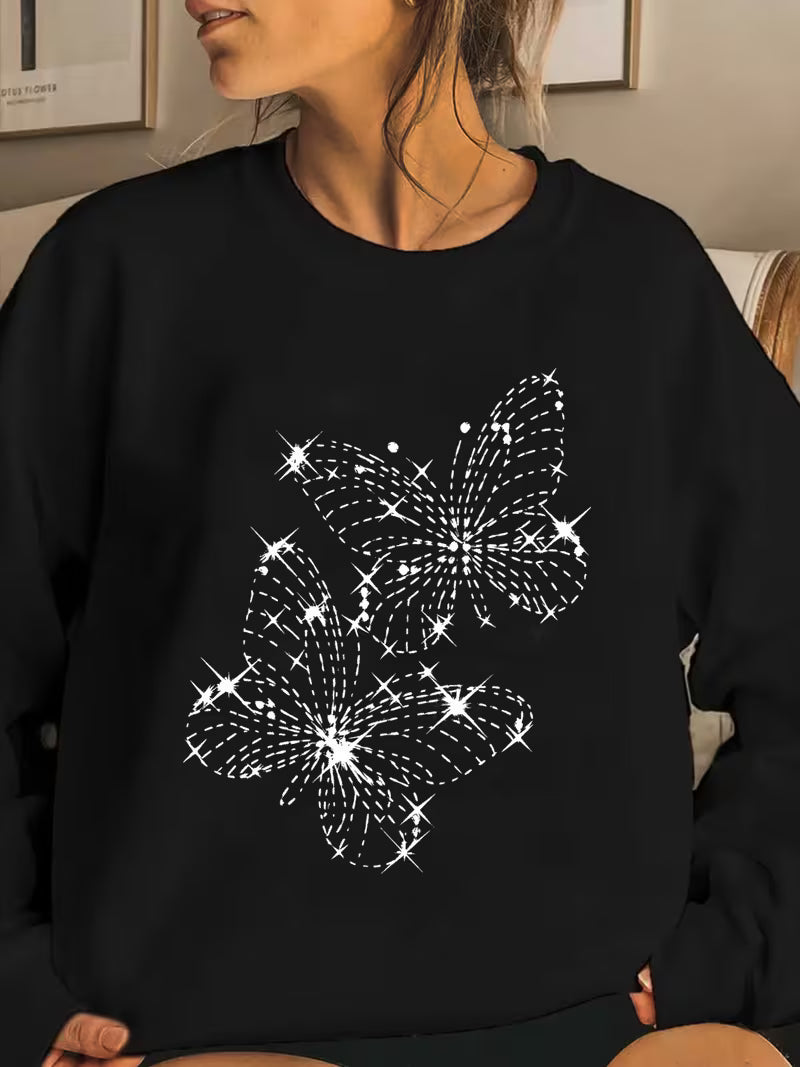 Women'S Cozy  Sweatshirt with Sparkling Butterfly Print