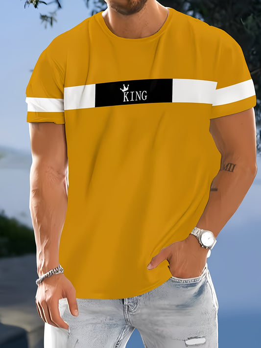 Men's Casual Short Sleeve T-Shirt | Vibrant Yellow Geometric Print & KING Crown Design