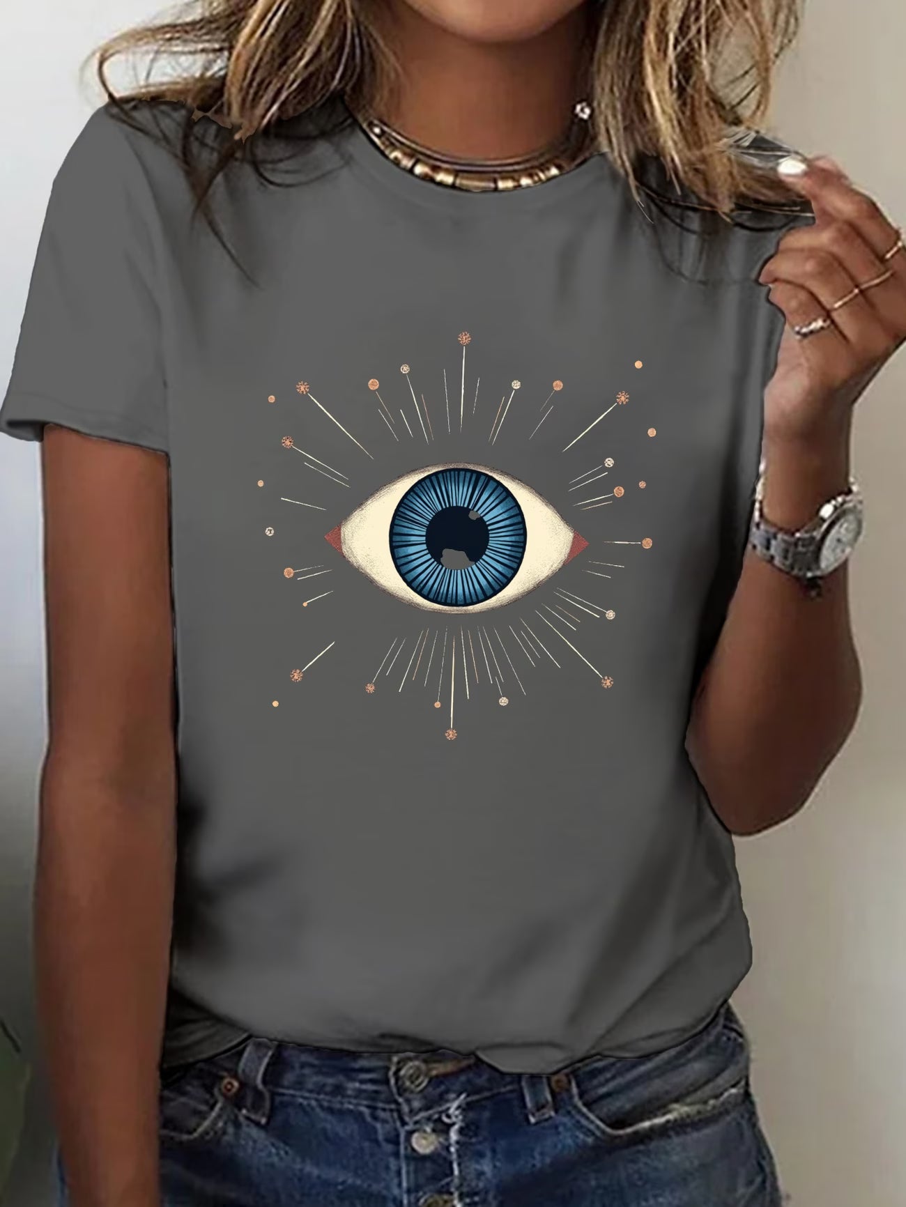 Women's Stylized Eye Blue Iris Geometric Print T-Shirt