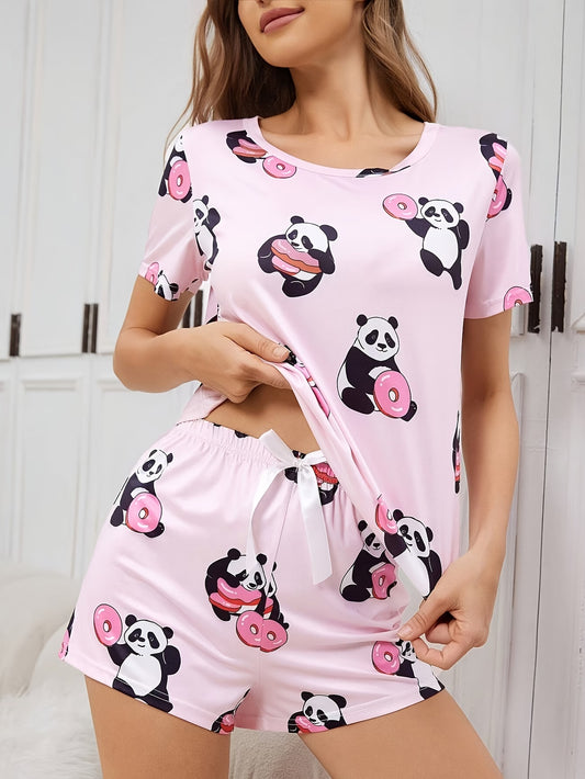 Cartoon Panda and Donut Print Short Pajama Set