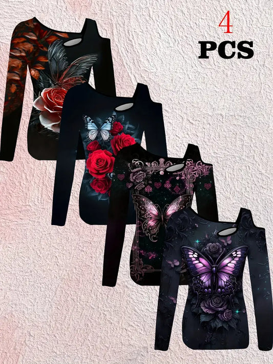 4pcs Set Women's Gothic Bohemian Long Sleeve T-Shirts