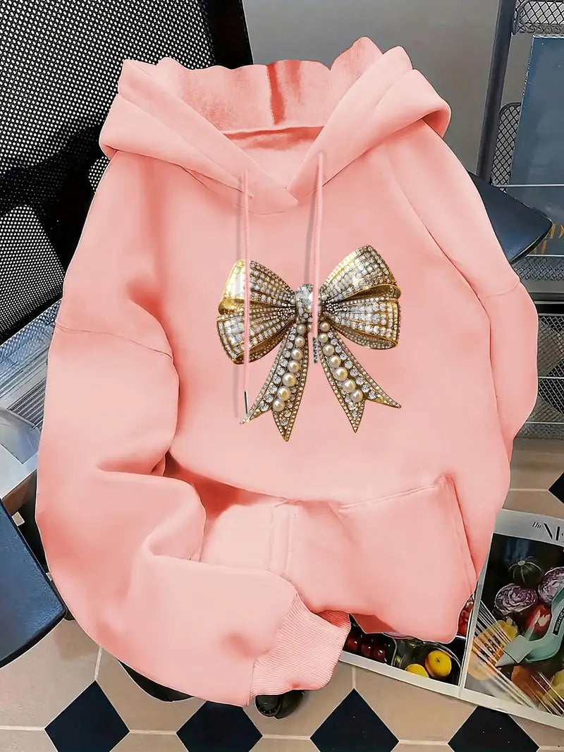 Hoodie with Golden Pearl & Bow Print,
