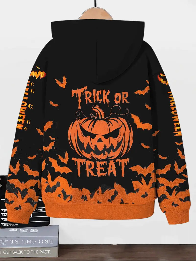 Boys' Halloween Pumpkin Bat Print Zip-Up Hoodie