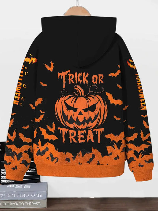 Boys' Halloween Pumpkin Bat Print Zip-Up Hoodie