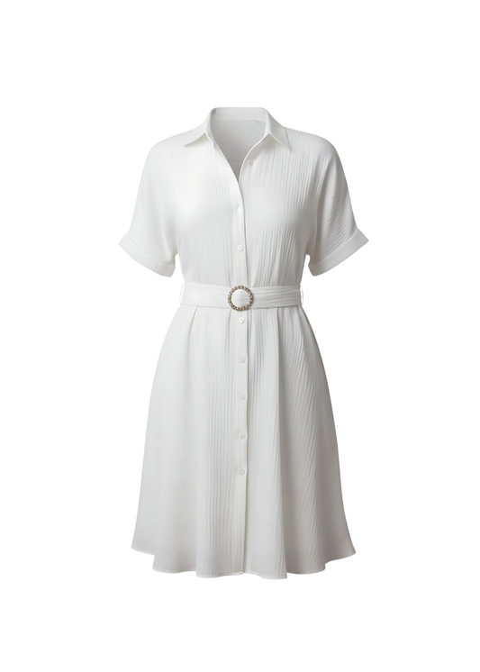 White Stylish Circle Buckle Waist Belt Collared A-Line Dress