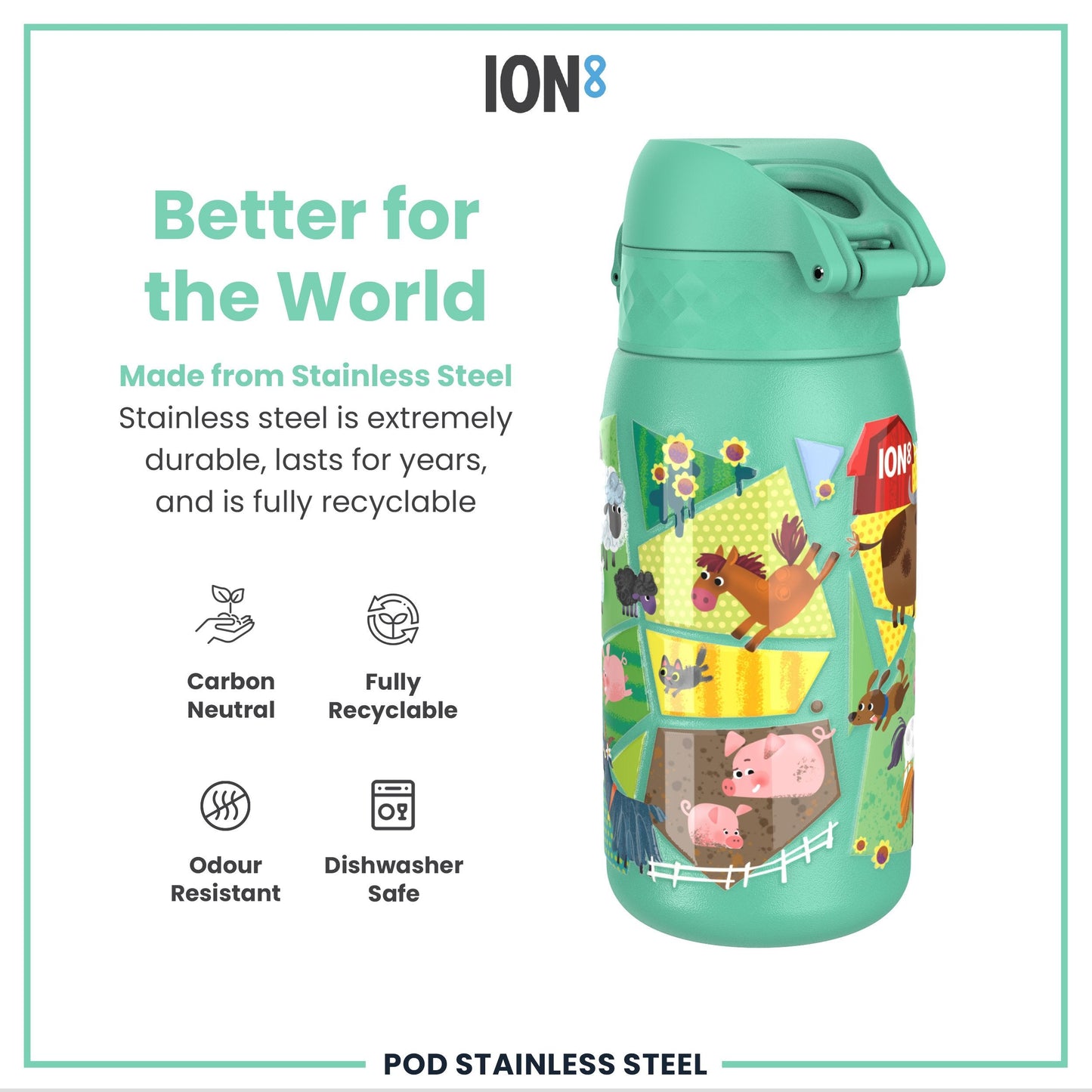 Leak Proof Kids Water Bottle, Stainless Steel, Farming Animals, 400ml (13oz)