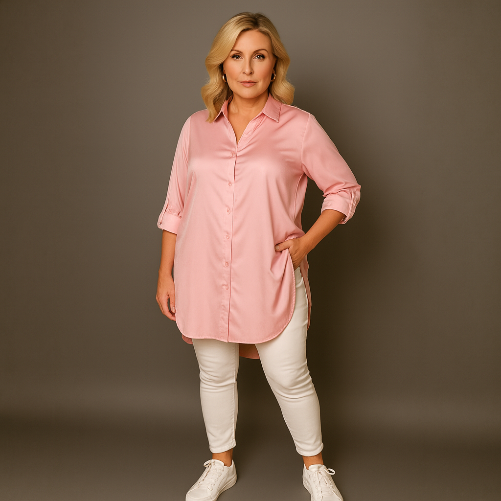 Dipped Hem Satin Shirt with 3/4 button Tab Sleeves