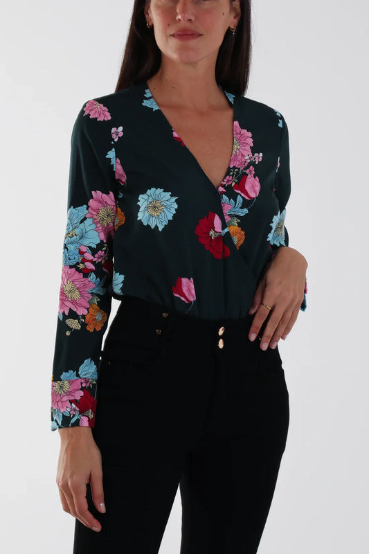 Wrap Front Floral Bodysuit | Long Sleeve V-Neck | Sizes 10–16