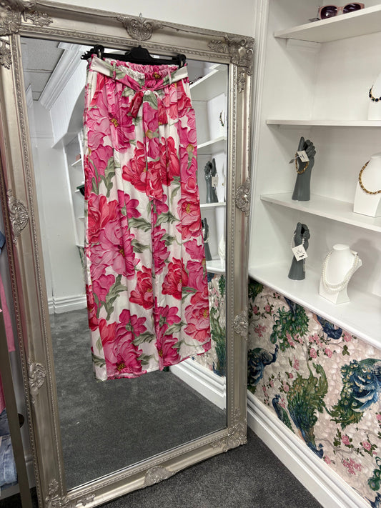Pink and White Floral Wide Leg Trousers – One Size Fits UK 8–16 | Luxtyle