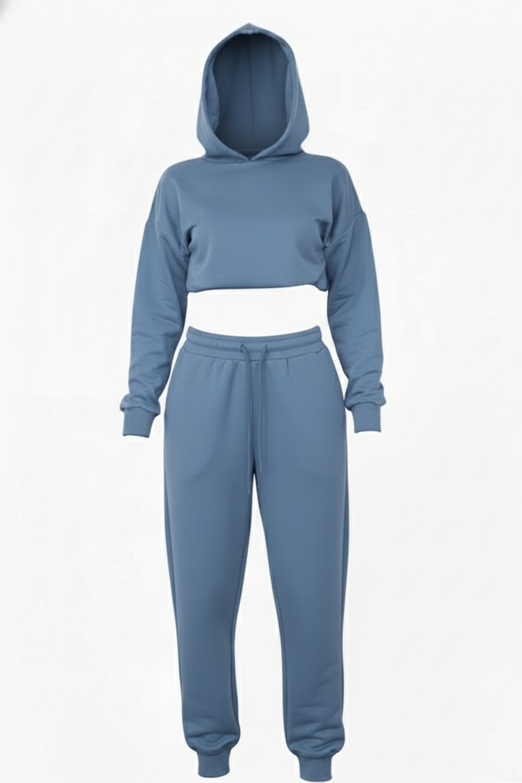 Matching Oversized Hooded Long Sleeve Cropped Top Ribbed Tracksuit