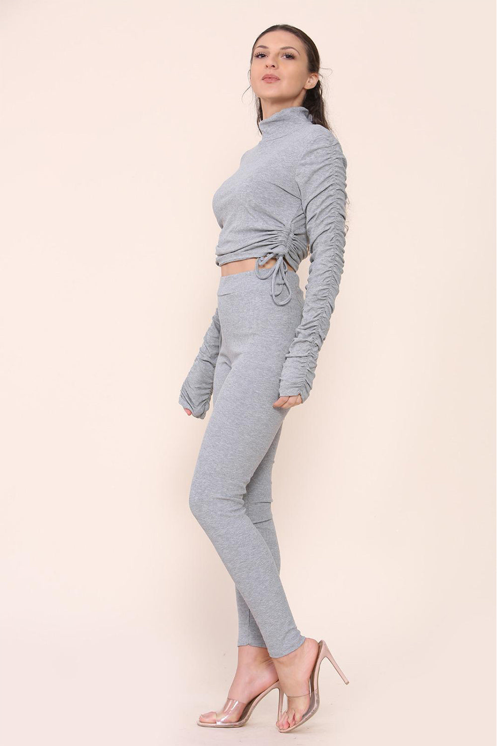 High Neck Ruched Side Arm Solid Drawstrings Ribbed Tee and Leggings set