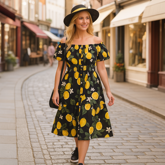 Off Shoulder Lemon Print Frilled Gypsy Dress