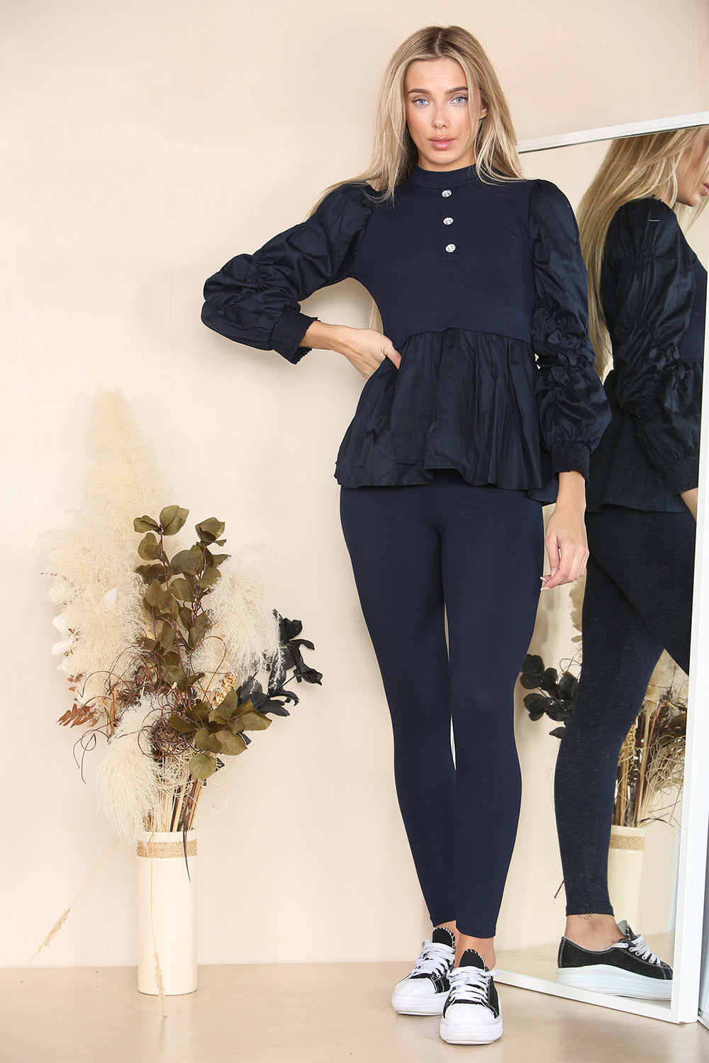 Long Ruched Sleeves Ribbed Peplum Diamond Buttons Frilled Hem Lounge Wear Co-Ord Set