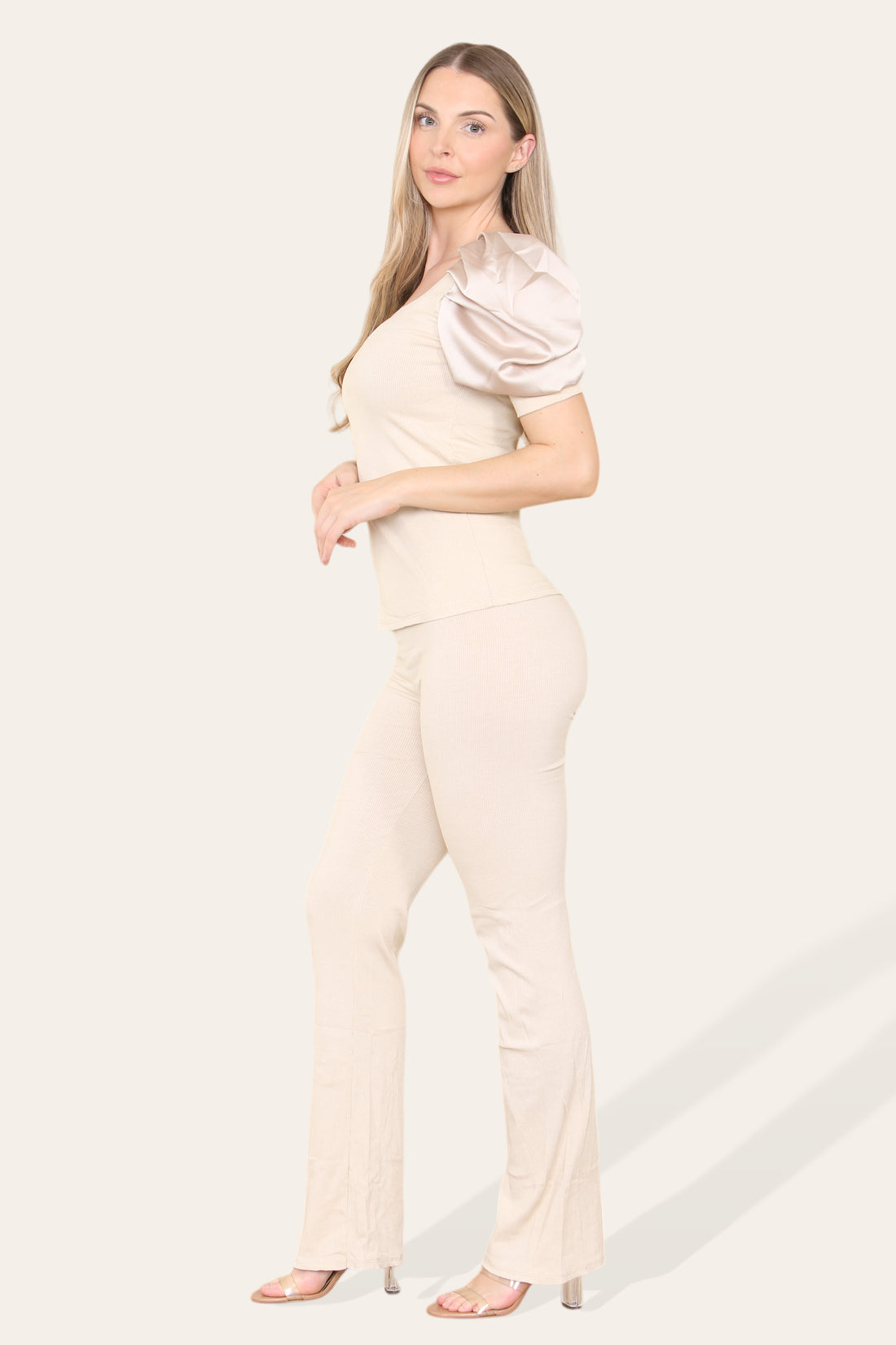 Silky Satin Puff Sleeves Ribbed Lounge Set