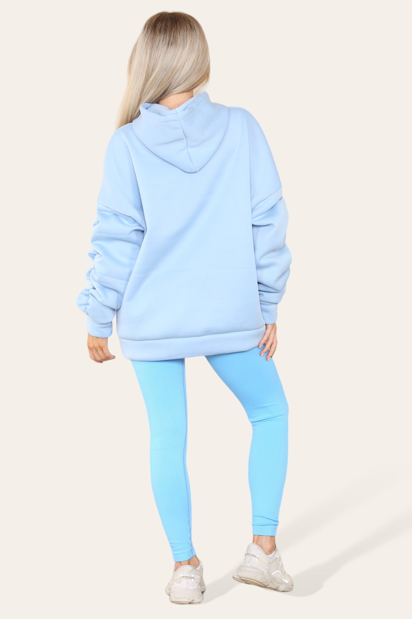 Oversized Ruched Sleeves Hoodie With Satin Ribbon with High Waist High Rise Seamless Ribbed Legging Set
