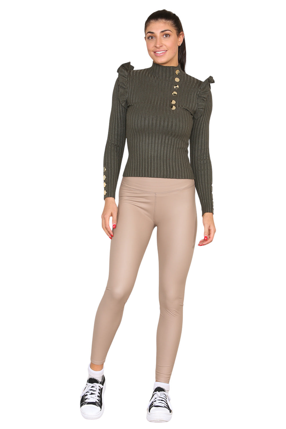 Ribbed Knit Gold Button Detail Jumper with Frill