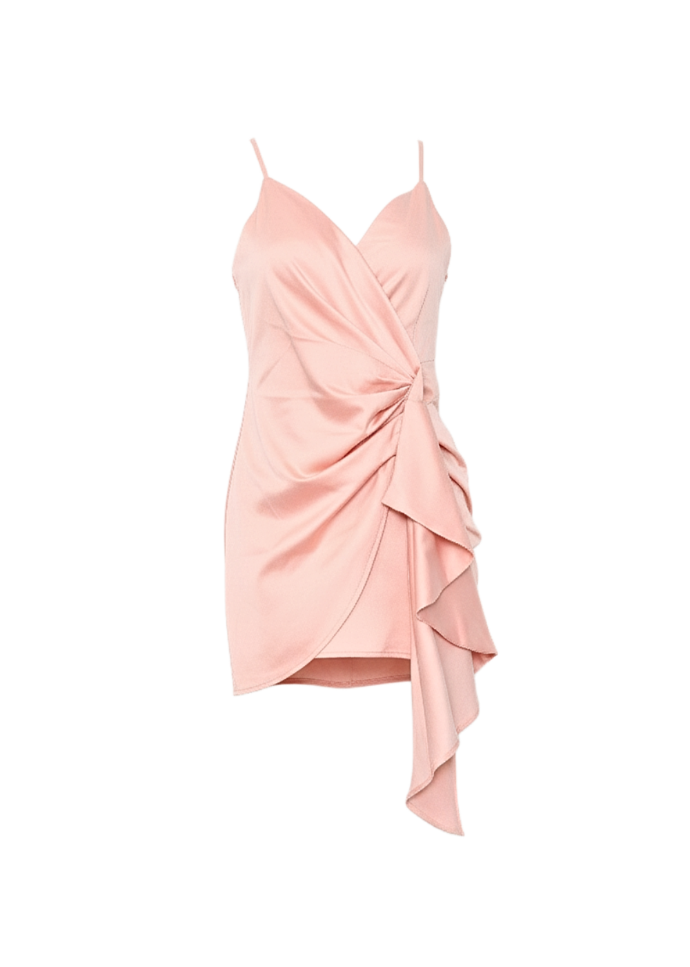 Orange Pink Satin Wrap Spaghetti Strap Ruched Waist Mini Dress