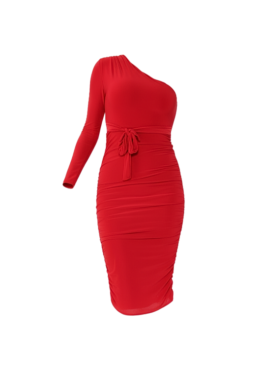 Red Ruched Detailing One Shoulder Bodycon Midi Dress