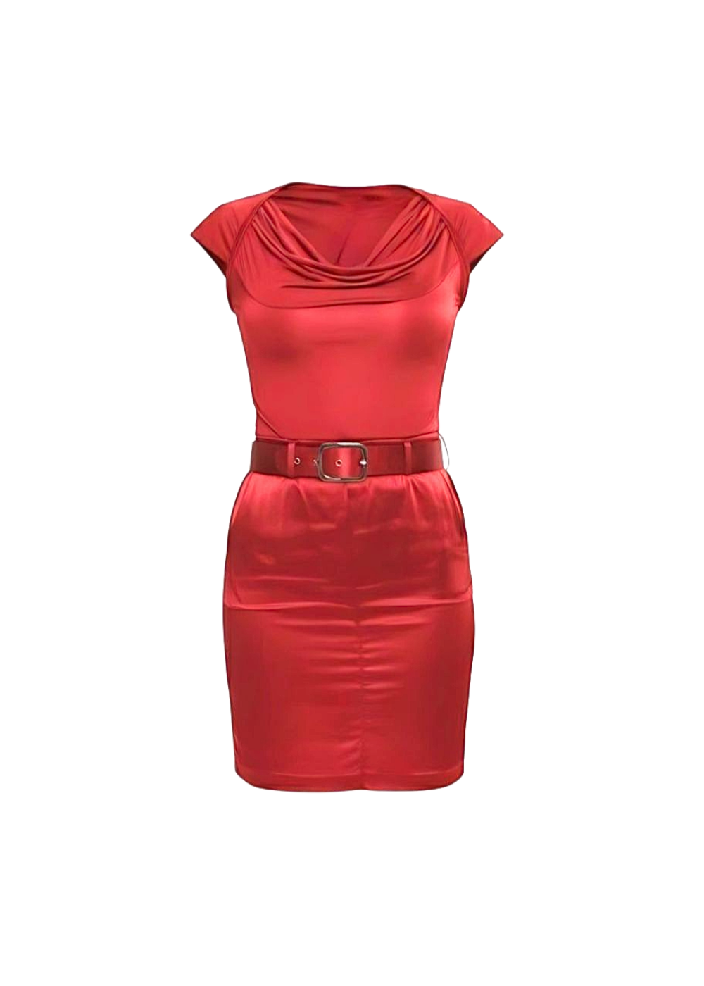 Red Cowl Neck Satin Short Sleeve Belted Mini Dress