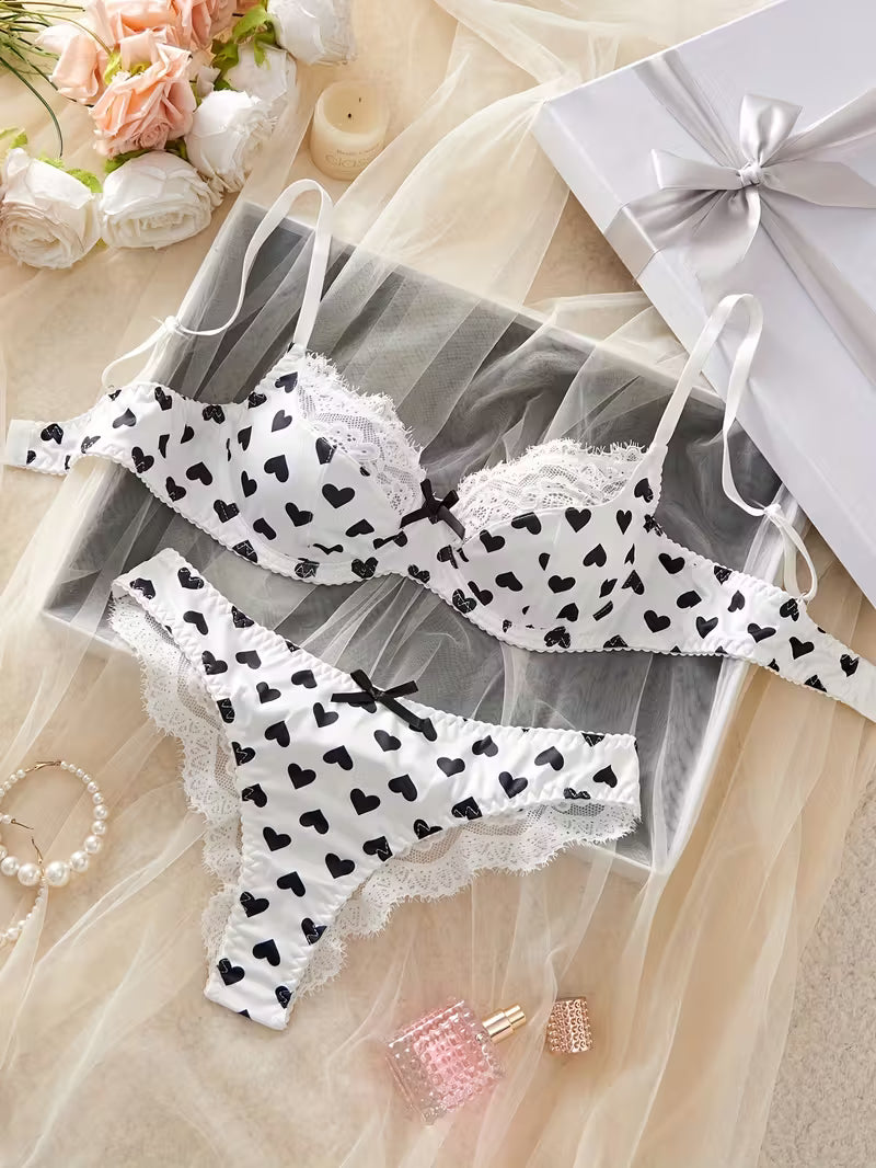 Women'S Bra Set with Heart Print and Lace Trim,