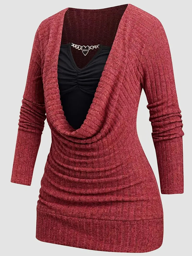 Women's Buttoned Chain Stitching Pleated Textured Light Gray Ribbed Fleece T-Shirt